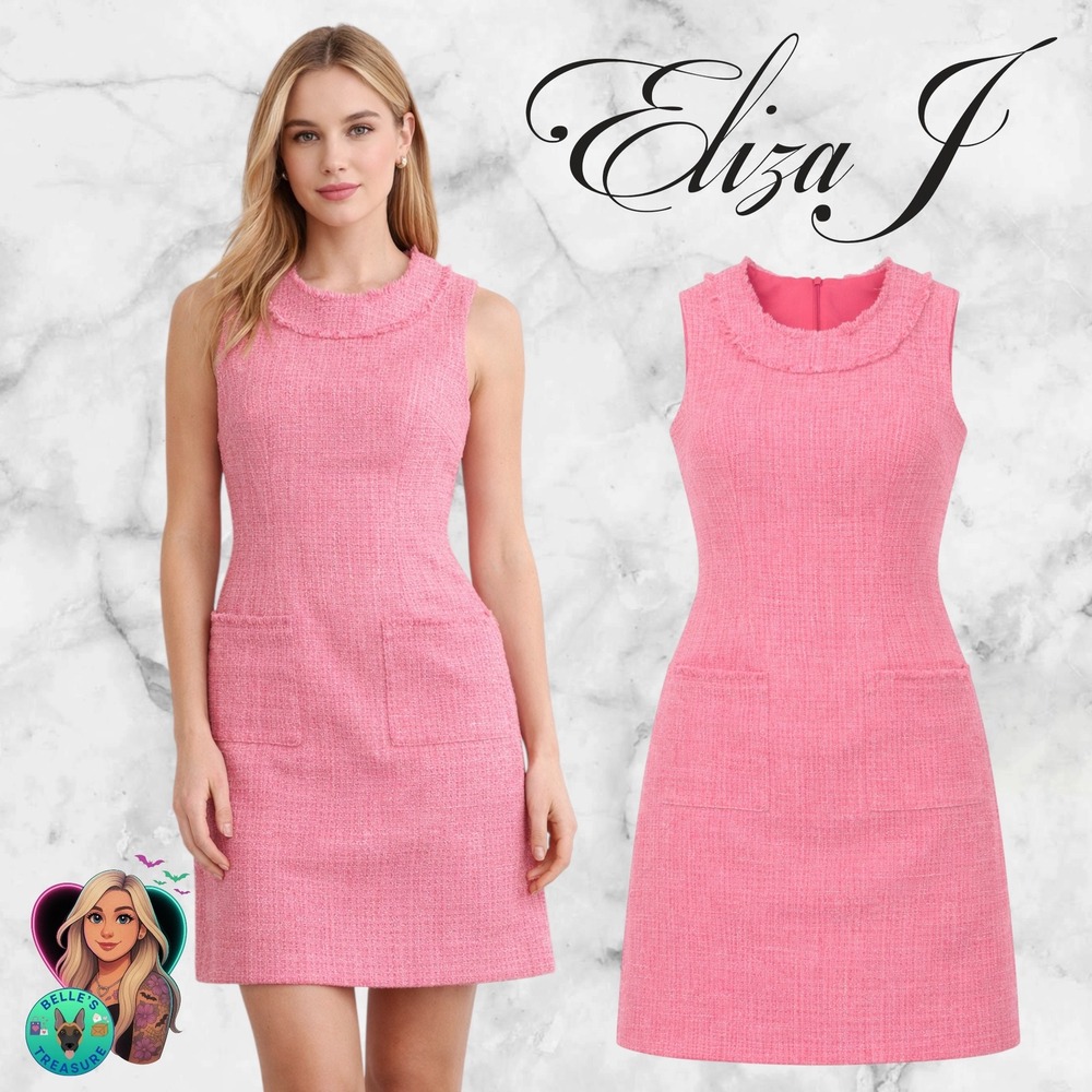 Eliza J Pink Shimmer Tweed Fringe Trim Sleeveless Sheath Dress Womens 0‎ Luxury